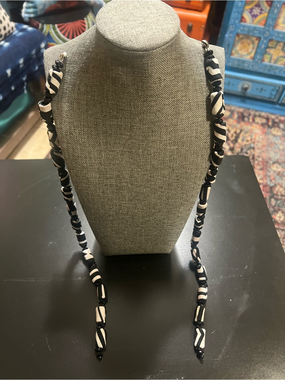 Afrocentric Black and White Beaded Fabric Earrings - Women Accessories